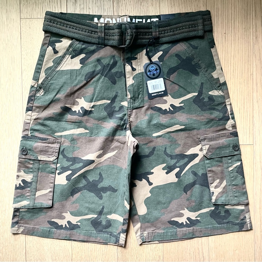 Men’s Gray Black Camouflage Cargo Shorts w/ Belt & Many Pockets NWT - Size 34